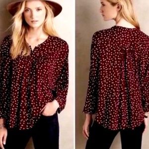 Anthropologie Maeve Linden Polka Dot Blouse | Maroon | Button Front | Size Small